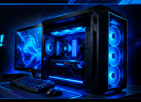 Computador gamer iluminado en azul